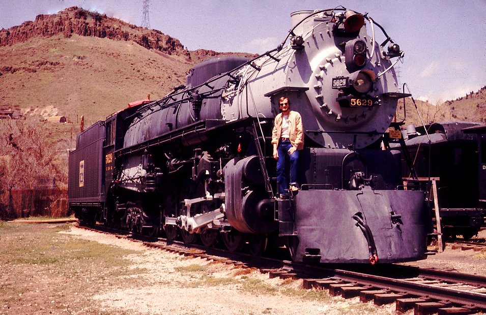 Colorado Railroad Museum, Golden CO April 1979
Chicago Burlington & Quincy No. 5629 (S) built in 1940 by the Burlington Route Railroad in their own shops and used for heavy freight and passenger service. It remained in service until the early 1960s, when it was purchased by the Intermountain Chapter of the National Railway Historical Society and moved to the Colorado Railroad Museum in 1963. No. 5629 is one of only four Burlington locomotives of its type still in existence
