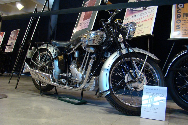 Triumph Silent Scout 500NT 1932 Budapest Transport Museum 14 Jun 2008
in beautiful condition
single cylinder
500 (494) cc
20 hp 14.7 kW
top speed 120 km/h
great photos of a 2009 exhibition here: http://www.motorostura.hu/oldtimer-show/
no, I am in no way connected - found them by chance
